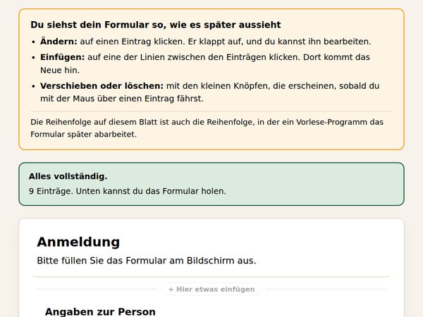 Formular-Baukasten mit Hinweisen zur Bedienung, der Meldung „Alles vollständig“ und dem Beginn eines Anmeldeformulars